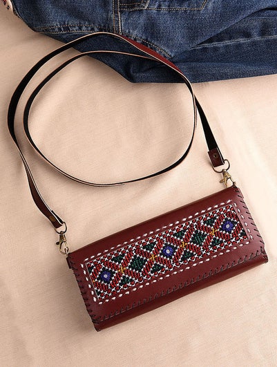 Women Cherry Brown Handcrafted Genuine Leather Wallet With Jat Embroidery And Deatchable Sling