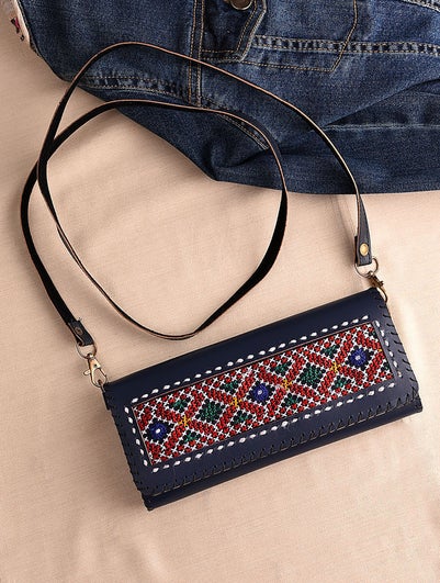 Women Navy Blue Handcrafted Genuine Leather Wallet With Jat Embroidery And Deatchable Sling