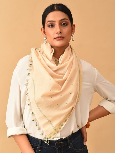 Women Beige Handwoven Jaamdani Cotton Stole