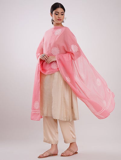 Women Pink Chikankari Silk Kota Dupatta