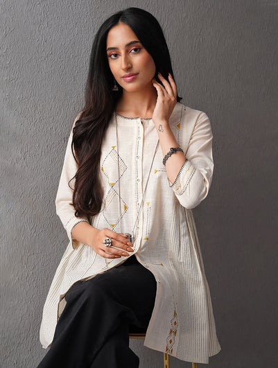 Women White Cotton Embroidered Round Neck Regular Fit Tunic