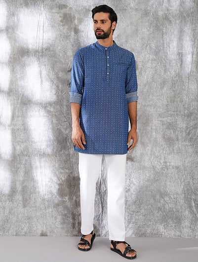 Men Blue Denim Mandarin Collar Regular Fit Kurta