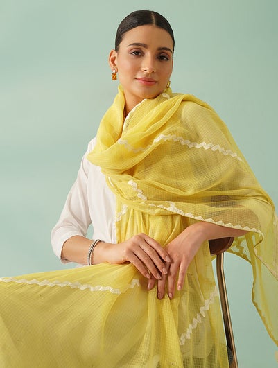 Women Yellow Cotton Phool Patti Collection Dupatta