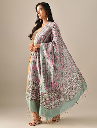 Women Blue Hand Block Printed Cotton Silk Dupatta