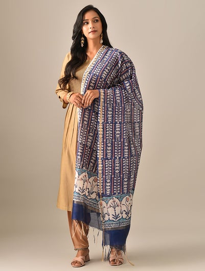 Women Blue Hand Block Printed Cotton Silk Dupatta