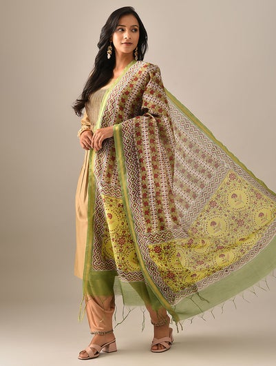 Women Green Hand Block Printed Cotton Silk Dupatta