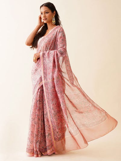 Women Pink Hand Block Printed Cotton Silk Saree