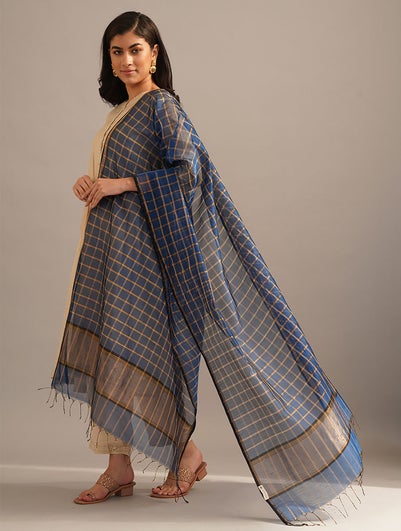 Women Blue Cotton Silk Maheshwari Dupatta