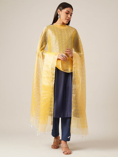 Women Yellow Cotton Silk Hand Woven Dupatta