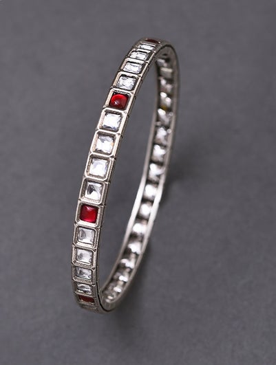 Women Red White Kempstone Encrusted Silver Openable Bangle - 2/4