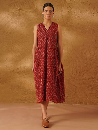 Women Red Cotton Printed V Neck Ajrakh Dress