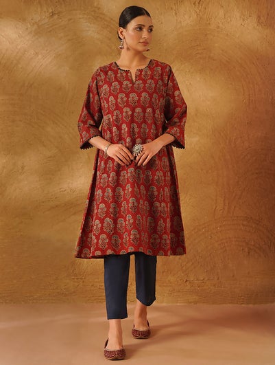 Women Red Cotton Ajrakh Round Neck Regular Fit Kurta