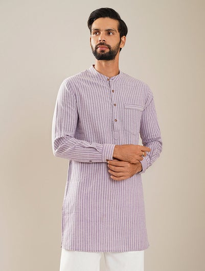 Men Lavender Purple Cotton Mandarin Collar Regular Fit Kurta