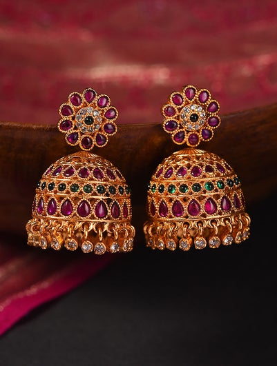 Women Red Gold Tone Temple Jhumki Earrings