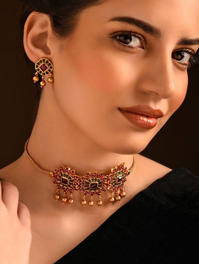 Women Red Gold Tone Temple Choker Necklace Set