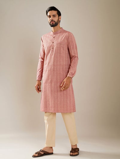 Men Pink Cotton Mandarin Collar Regular Fit Kurta - 38