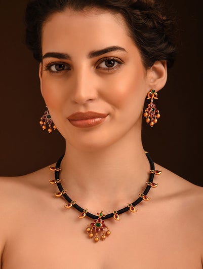 Women Red Gold Tone Temple Necklace Set