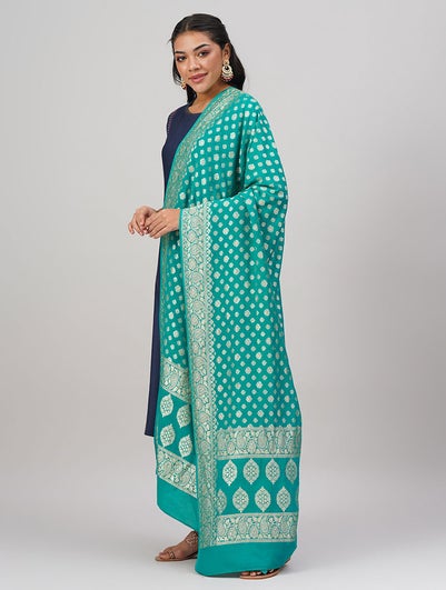 Women Teal Handwoven Benarasi Munga Silk Dupatta