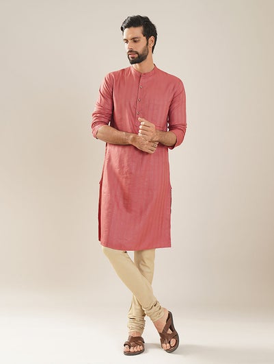 Men Rust Orange Silk Viscose Mandarin Collar Regular Fit Kurta