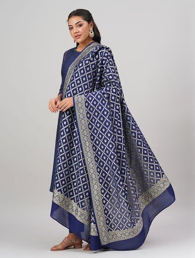 Women Blue Handwoven Benarasi Munga Silk Dupatta