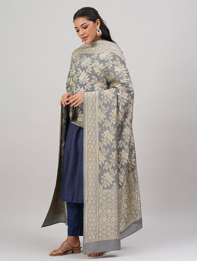 Women Grey Handwoven Benarasi Munga Silk Dupatta