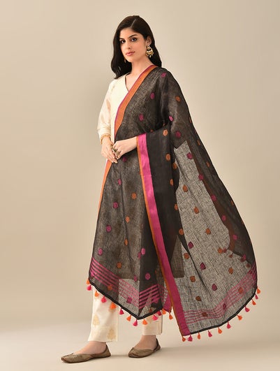 Women Black Handloom Linen Dupatta