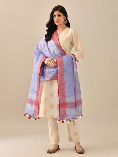 Women Blue Handloom Linen Dupatta