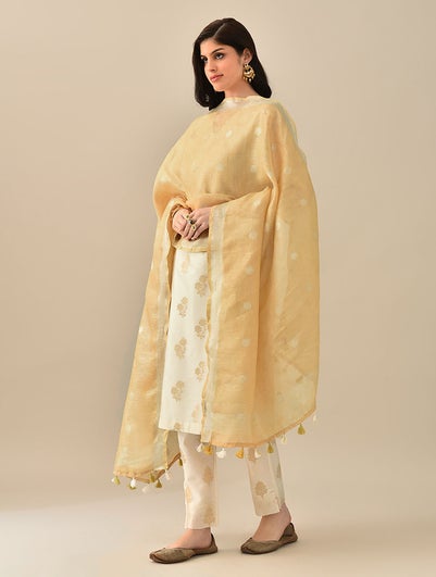 Women Beige Handloom Linen Dupatta