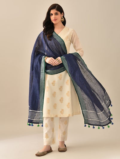 Women Blue Handloom Linen Dupatta