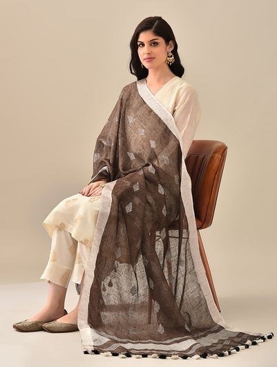 Women Brown Handloom Linen Dupatta