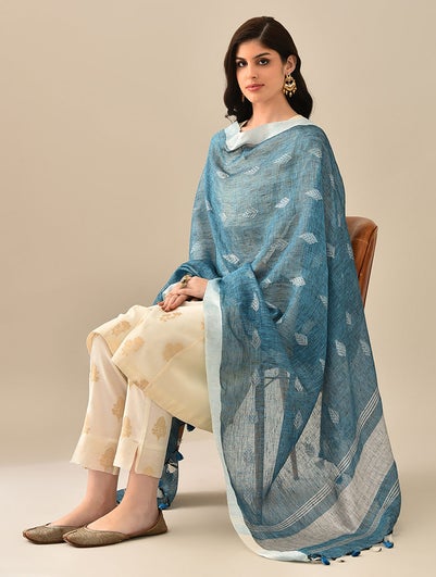 Women Blue Handloom Linen Dupatta