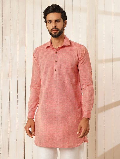 Men Red Cotton Shirt Collar Regular Fit Kurta