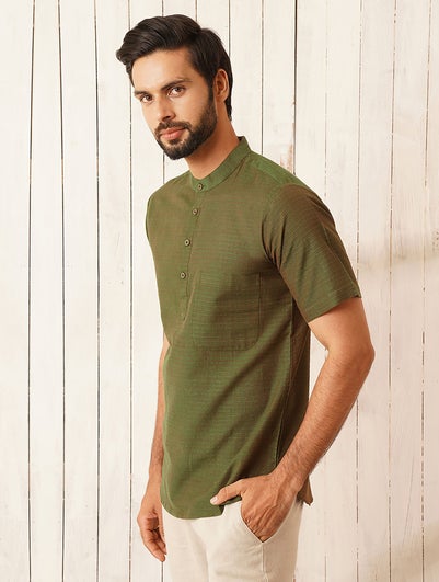 Men Green Cotton Mandarin Collar Regular Fit Kurta