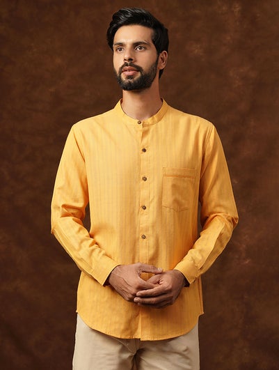 Men Mustard Yellow Cotton Self Design Mandarin Collar Regular Fit Shirt - 38