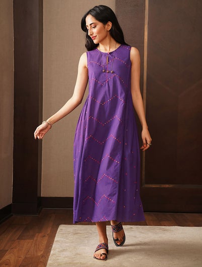 Women Purple Cotton Embroidered Round Neck Dress - XS