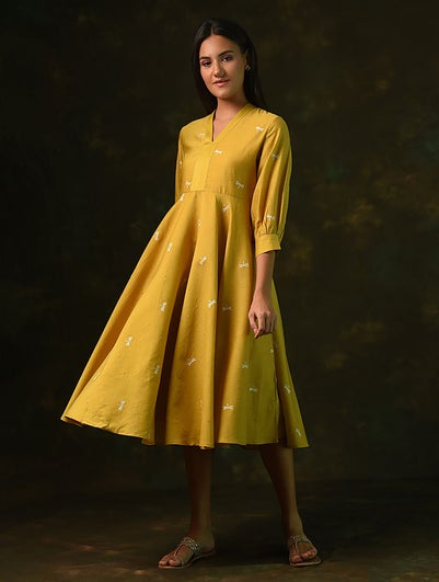 Women Mustard Yellow Cotton Embroidered V Neck Dress - M