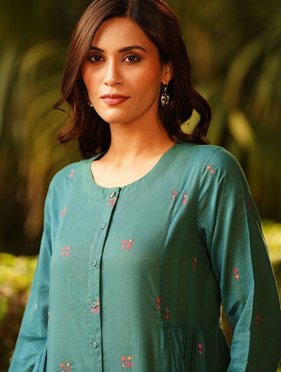 Women Teal Blue Cotton Round Neck Flared Kurta - XS