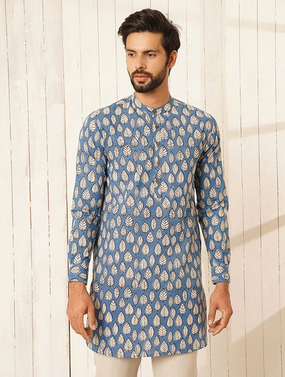 Men Multicolour Cotton Block Print Mandarin Collar Regular Fit Kurta - 38