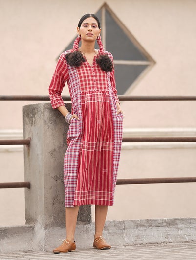 Women Multicolour Cotton Checks Round Neck Hand Woven Dress - XS