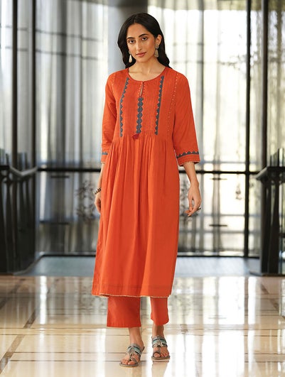 Women Red Cotton Applique Round Neck Flared Kurta - XS