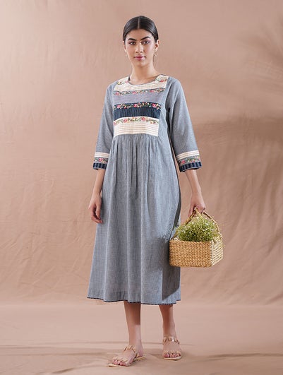 Women Blue Cotton Embroidered Round Neck Embroidered Dress - XS