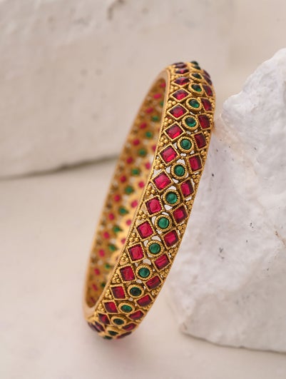 Women Red Green Gold Tone Bangle - 2/4