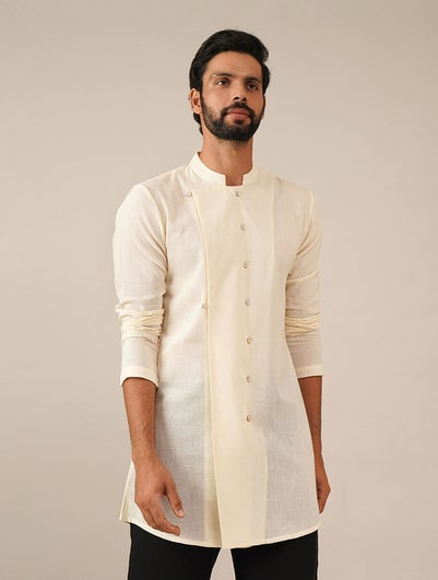 Men Off White_Cream Cotton Hand Woven Mandarin Collar Regular Fit Kurta - 44