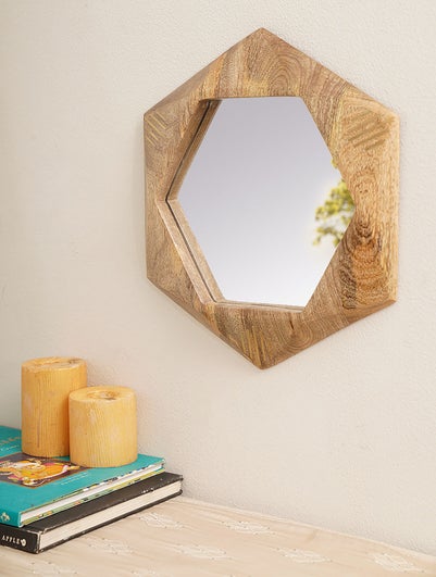 Brown Mango Wood And Glass Hexagon Hand Crafted Mirror - S