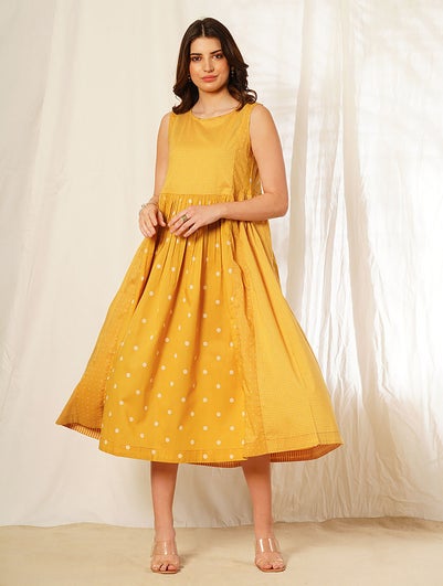 Women Mustard Yellow Cotton Printed Round Neck Dress - XS