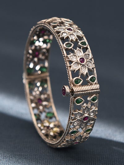 Women Green Pink Kempstone Encrusted Silver Bangle - 2/4