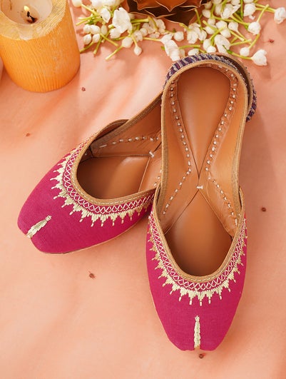 Women Pink Hand Embroidered Cotton Leather Juttis - EU-36