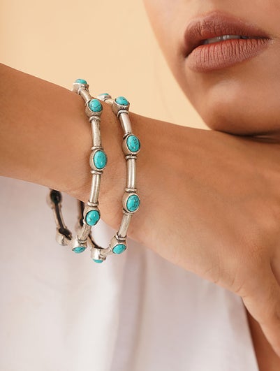 Women Turquoise Tribal Silver Bangles (Pair) - 2/4