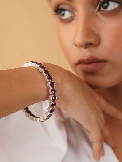 Women Pink Kempstone Encrusted Tribal Silver Bangle