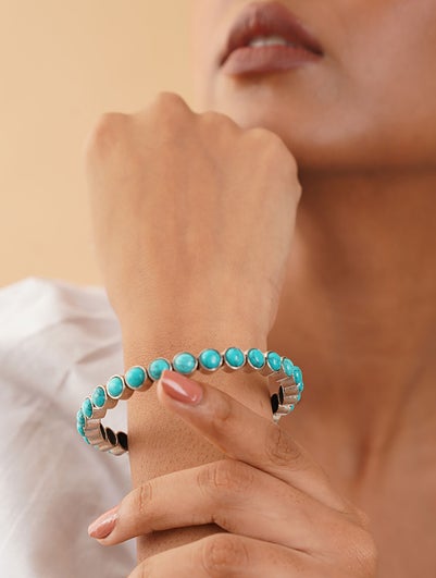 Women Turquoise Tribal Silver Bangle - 2/4